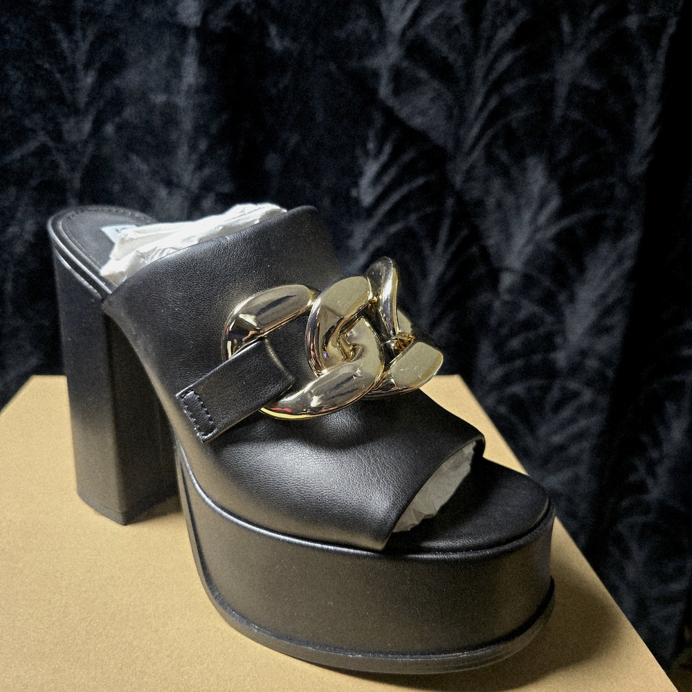 Steve Madden Hold Up Platform Mule Heels | Black Gold Chain | Size 9 (NIB)